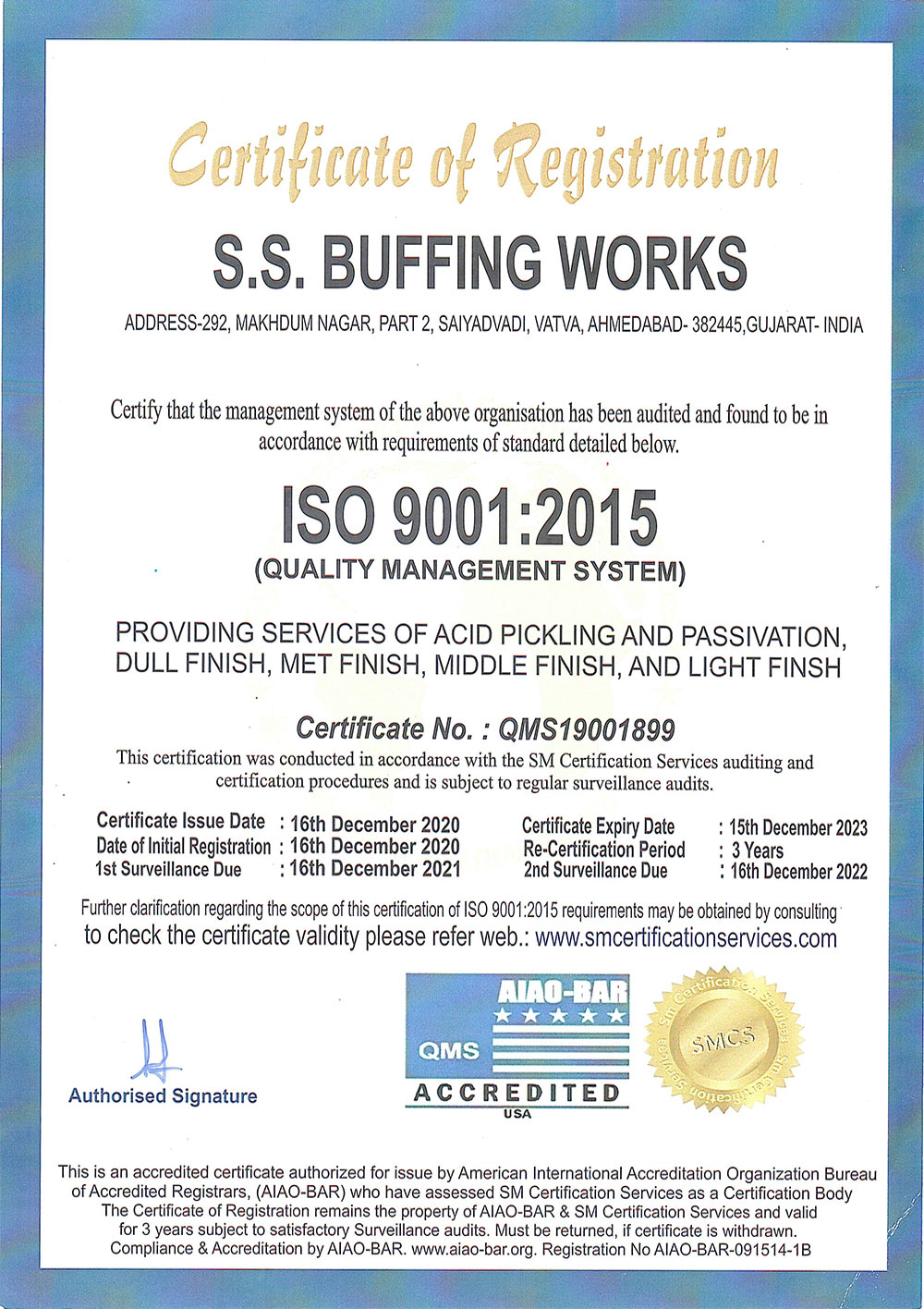 SS ISO-9001:2015 Certificate